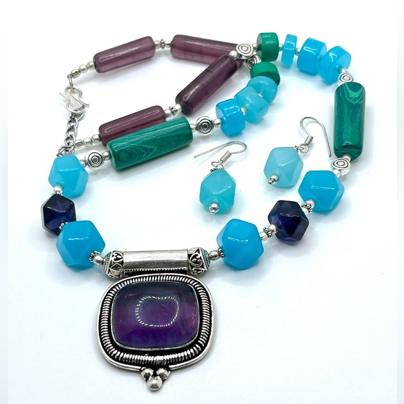 Chalcedony, Malachite, Fluorite Necklace Pendant & Earrings Set - Picture 10 of 13